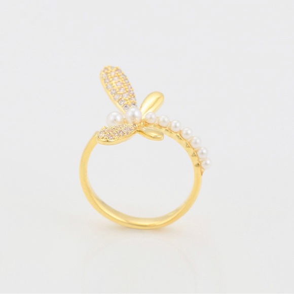 Dragonfly Ring Adjustable 14k Gold Plated CZ Stone - Picture 4 of 9